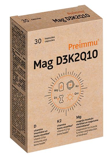 PREIMMU D3K2Q10 Mag kapsulas 30 gab. — komplekss nervu un kaulu veselībai