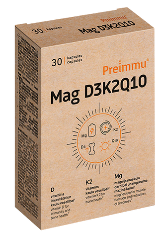 PREIMMU D3K2Q10 Mag kapsulas 30 gab. — komplekss nervu un kaulu veselībai