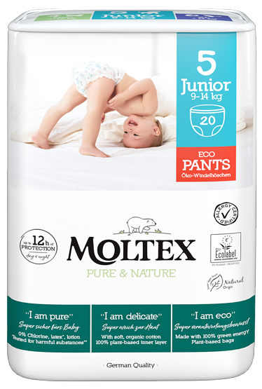 MOLTEX Pure & Nature Junior 5 (9-14 kg) bērnu biksītes — iepakojumā 20 gab.