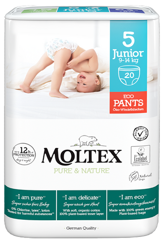 MOLTEX Pure & Nature Junior 5 (9-14 kg) bērnu biksītes — iepakojumā 20 gab.