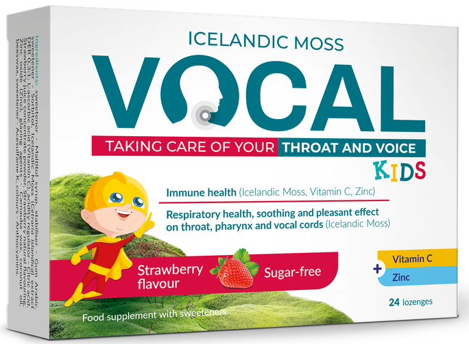 VOCAL KIDS košļājamās pastilas ar zemeņu garšu, 24 gab.