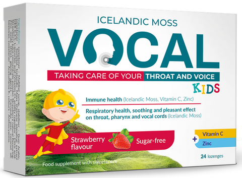 VOCAL KIDS košļājamās pastilas ar zemeņu garšu, 24 gab.